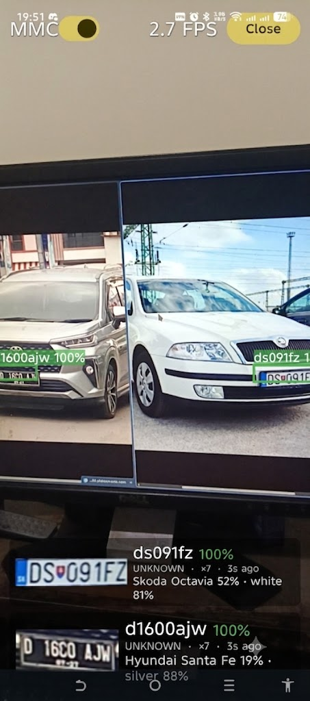 Live camera screen showing a bounding box around a detected license plate, confidence score, and a list of confirmed plates with make, model, and color