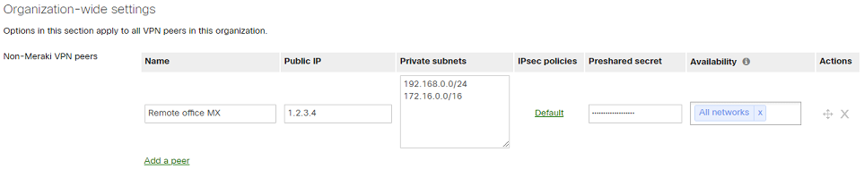Non-Meraki VPN peer configuration