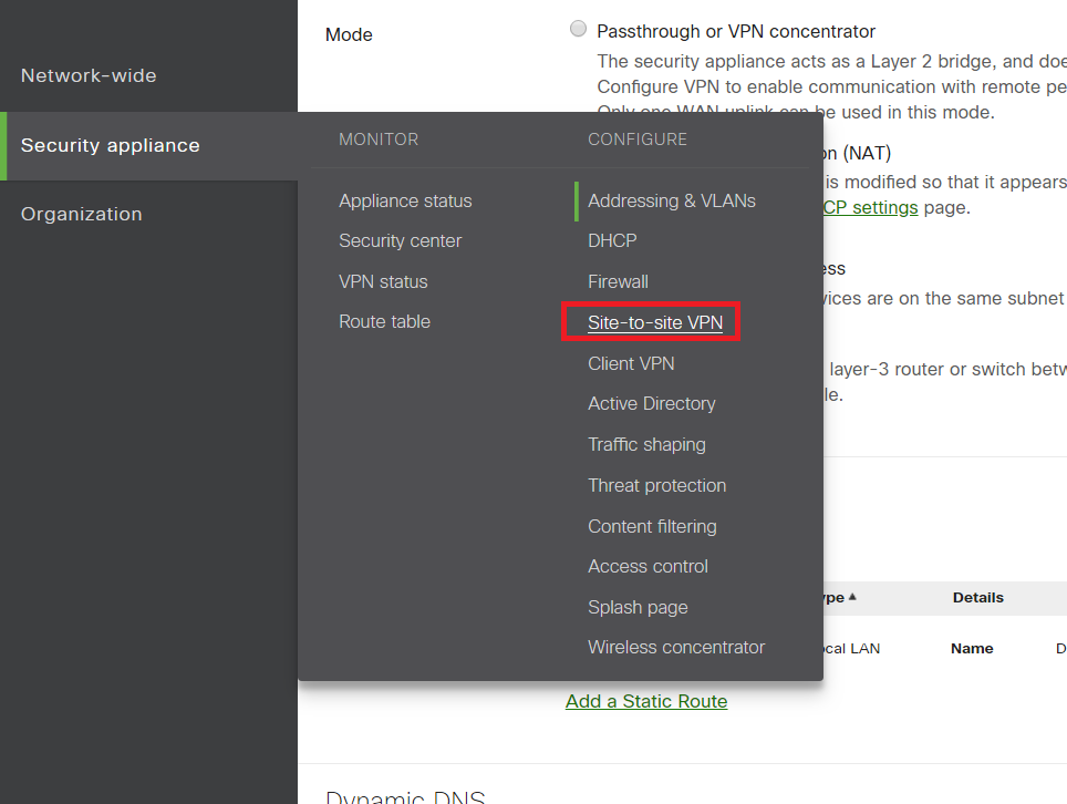 Site-to-site VPN Menu