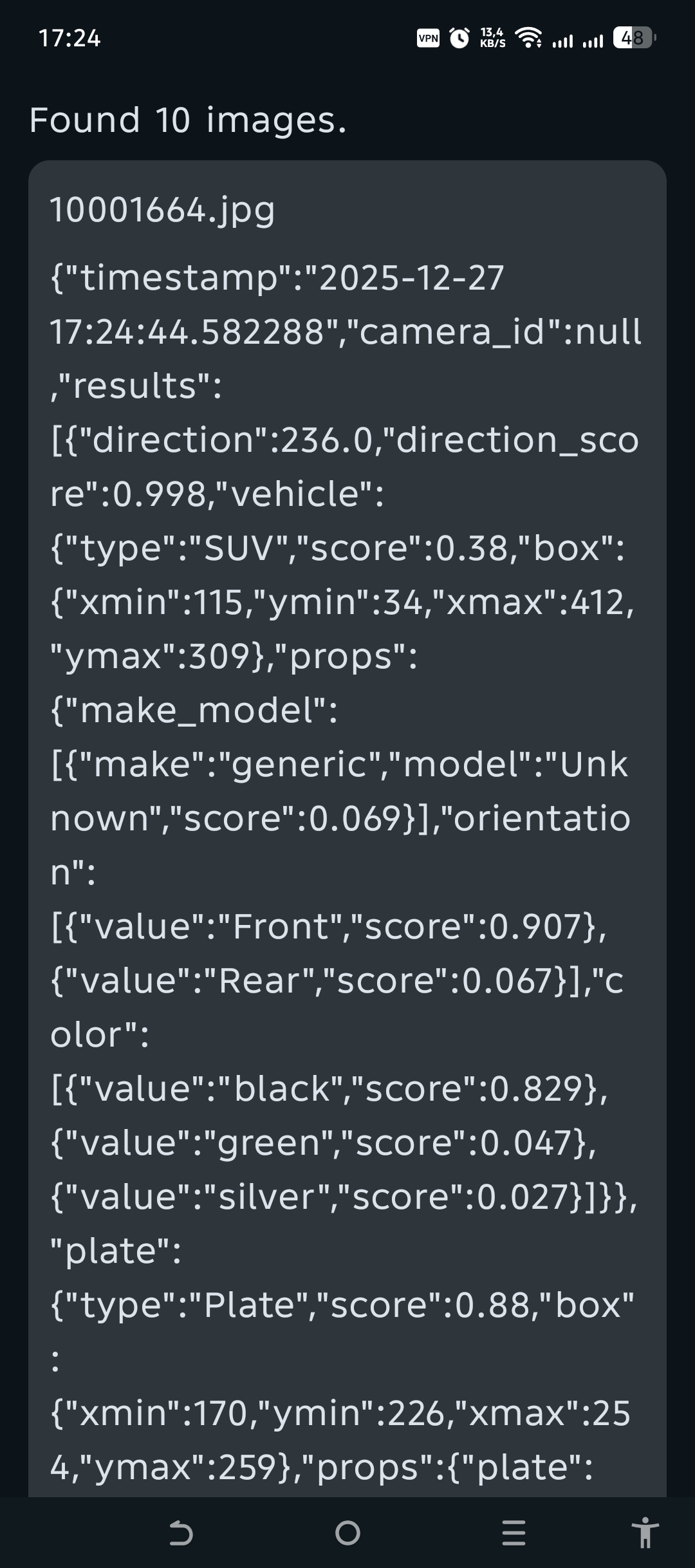 Sample app JSON result