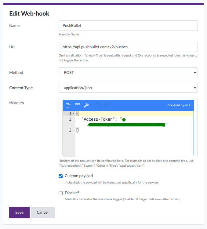 Webhook setup for Pushbullet